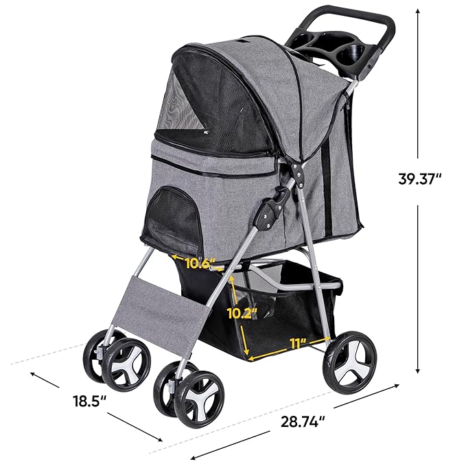 LEMY Pet Stroller, 4 Wheels Dog Cat Stroller with Storage Basket&Cup Holder,Grey Folding Dog Cat Cage Jogger Strollers for Small Medium Dogs Cats Travel