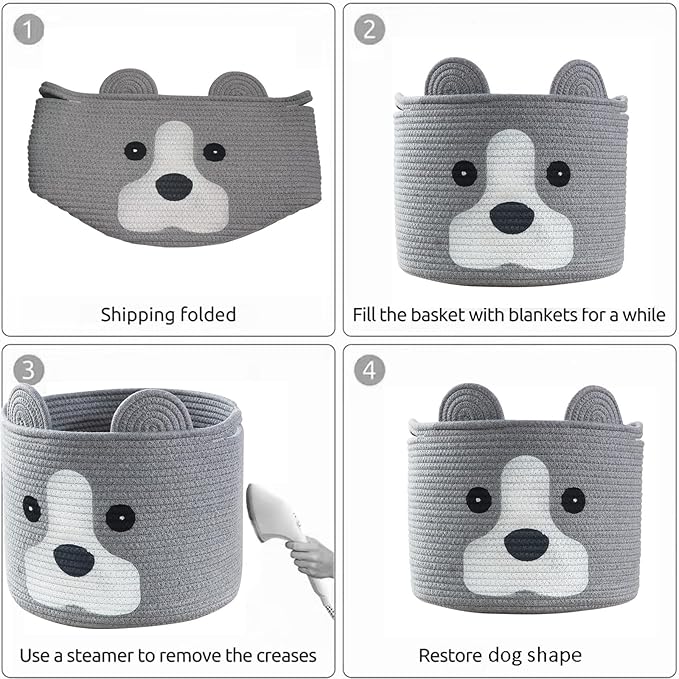 Medium Dog Woven Baskets with Handle, Dog Toy Hamper, Cotton Rope Dog Toy Storage Baskets for Pet, Animal Basket for Kids, Baby Gift Baskets for Dog Lovers, Grey