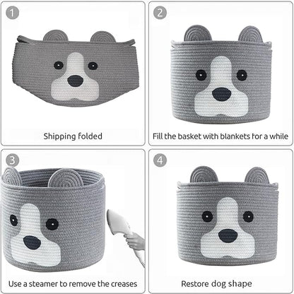 Medium Dog Woven Baskets with Handle, Dog Toy Hamper, Cotton Rope Dog Toy Storage Baskets for Pet, Animal Basket for Kids, Baby Gift Baskets for Dog Lovers, Grey