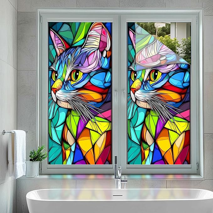 Stained Glass Window Film 17.7 x 39.3 Inch Colorful Cat Window Privacy Film Stained Decals Static Cling Sun Blocking Decor for Home Office Windows Doors Glass Partitions 17.7x39.3 inch