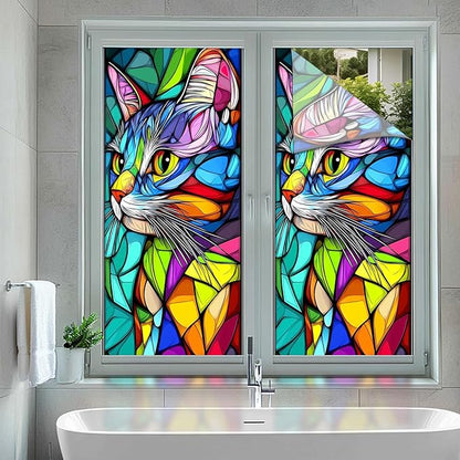 Stained Glass Window Film 17.7 x 39.3 Inch Colorful Cat Window Privacy Film Stained Decals Static Cling Sun Blocking Decor for Home Office Windows Doors Glass Partitions 17.7x39.3 inch