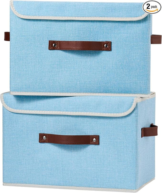 2PCS Storage Boxes with Lid Cotton Linen Fabric Storage Bins Organizer Container Decorative Collapsible Washable Shelf Closet Baskets Faux Leather Handles Home Bedroom (Light Blue, Large)