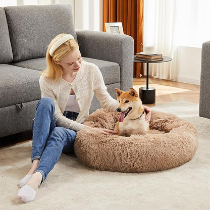 DUMOS 37.4x37.4 Inch Calming Donut Dog Beds for Large Dogs, Machine Washable Cuddler Warming Cozy Fluffy Faux Fur Plush Round Pet Bed, Anti-Slip Bed for Indoor Dogs and Cats, Brown