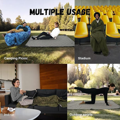 Wearable Warm Camping Blanket Waterproof Windproof Zipper Wear Quilted Fleece Stadium Blanket with Portable Bag for Outdoor Camping Picnic Sports Pet Beach Travel Car 79x55 inches Olive Green
