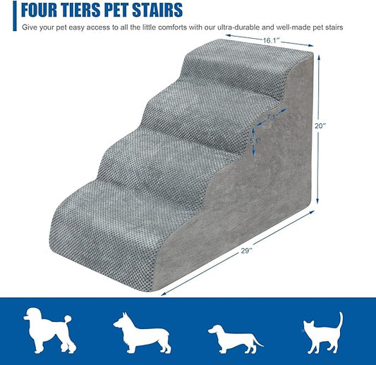 Dog Stairs for Small Dogs - High Density Foam Dog Ramp, Extra Wide Pet Steps with Non-Slip Bottom for High Beds, Couche and Sofa, Best for Pet Injured, Older Dogs Cats (Grey, 4 Steps)