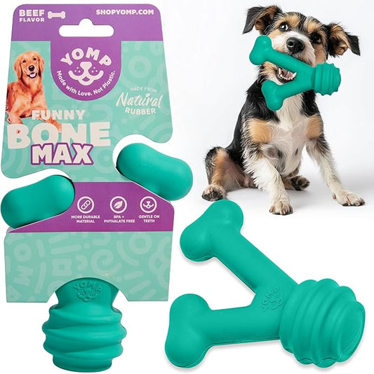 Yomp FunnyBone MAX: All-Natural Rubber Dog Toy, Nontoxic, Safe for Pet Play, Teal Colored, Dishwasher Safe, Freezer Safe for Teething Relief, Fun Dog Bone Toy