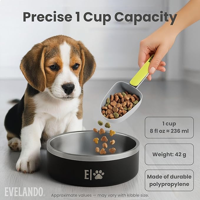 EVELANDO® Dog Food Measuring Cup 1 Cup BPA-Free Tool with Non-Slip Grip Handle & Bag Clip Includes Cotton Storage Bag & Adhesive Hook for Dogs & Cats (Green)