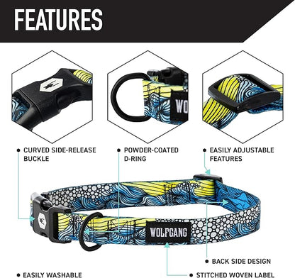 Wolfgang Heavy Duty, Adjustable Dog Collar with Quick Release Nylon Buckle for Walking & Training, DawnPatrol Print, Medium