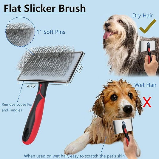 5-in-1 Dog & Cat Extra Long Pin Grooming Kit Slicker Brush for Large Dogs Cats Remove Loose Fur, Undercoat Brush for Shedding, Dematting Comb & Cleaner for Long Haired Pets