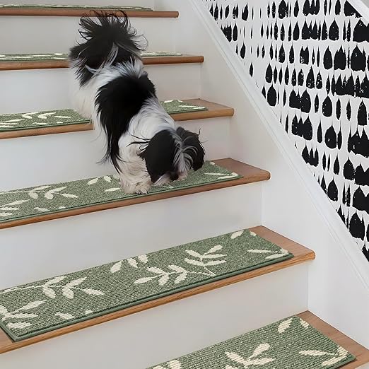 Carpet Stair Treads, Non-Slip Stair Treads for Wooden Steps Indoor, 30”x8” Stair Runner for Pets Non Skid Wood Staircase Step Treads Reusable, Set of 15, Green