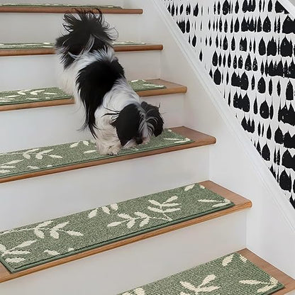 Carpet Stair Treads, Non-Slip Stair Treads for Wooden Steps Indoor, 30”x8” Stair Runner for Pets Non Skid Wood Staircase Step Treads Reusable, Set of 4, Green