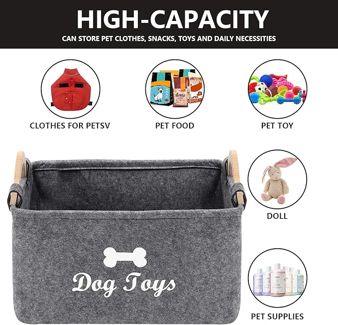 Geyecete Dog Toys Storage Bins - with Wooden Handle, Collapsible Pet Supplies Storage Basket Pet Supplies Storage Basket/Bin Kids Toy Chest Storage Trunk (Grey)