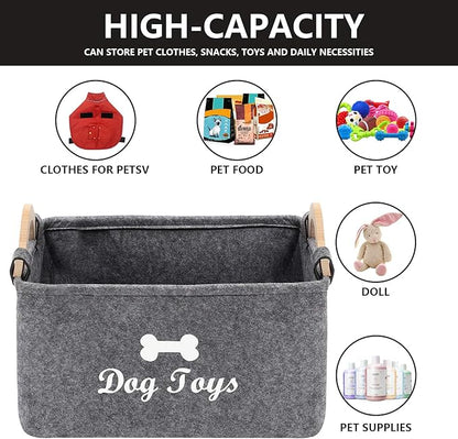Geyecete Dog Toys Storage Bins - with Wooden Handle, Collapsible Pet Supplies Storage Basket Pet Supplies Storage Basket/Bin Kids Toy Chest Storage Trunk (Grey)