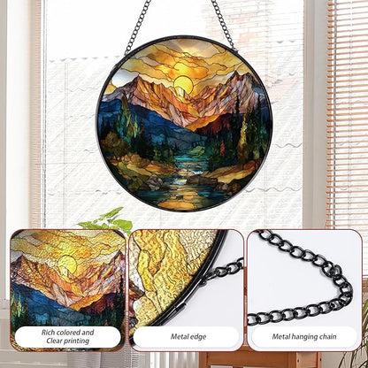 Sun Mountains Stained Glass Window Hanging, 7.8″ Sun Catchers with Hook Indoor Window Decor, Decorative Suncatchers Home Garden Art Gift for Thanksgiving Christmas Housewarming