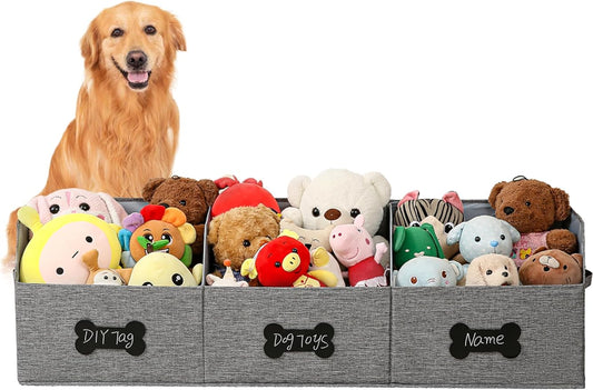 Qozary Large Dog Toy Basket with Diy Tag - Collapsible Dog Toy Bin, Fabric Personalized Storage Box, Trapezoid Storage and Organizer for Pet Supplies (Gray, Extra Large 47"x13.4")