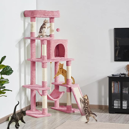 Topeakmart 63in Cat Tree, Large Cat Tower Furniture w/Cat Condo, Padded Platform & Sisal-Covered Scratching Post, Stable Cat Tower Pet Play House, Pink