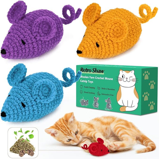 Retro Shaw Catnip Toys Crochet Mice Cat Toys, 3 Pcs Durable Yarn Cat Mouse Toys for Indoor Cats, Stuffed with Natural Catnip & Silvervine Blend, Handmade Interactive Kitten Chew Toy for Teeth Cleaning