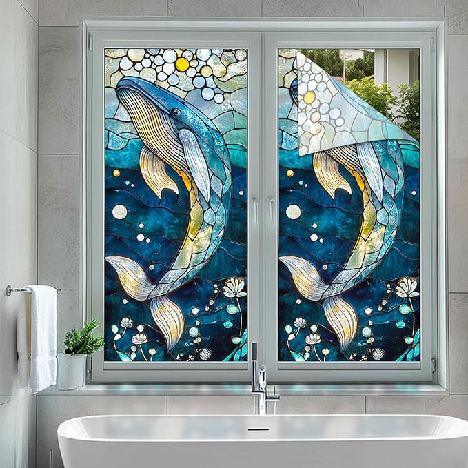 Ocean Whale Mosaic Window Film 18 x 39 Inch Stained Glass Window Cling PVC Privacy Wall Panel Glass Art Underwater Background Indoor Seasonal Backdrop Home Decor