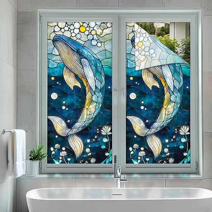 Ocean Whale Mosaic Window Film 18 x 39 Inch Stained Glass Window Cling PVC Privacy Wall Panel Glass Art Underwater Background Indoor Seasonal Backdrop Home Decor