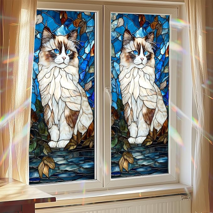 Privacy Window Film Cat Design Decorative Window Cling Stained Glass Style Static Cling Glass Sticker for Kitchen Bathroom Entry Door Panel 17.7 x 39.3 Inch
