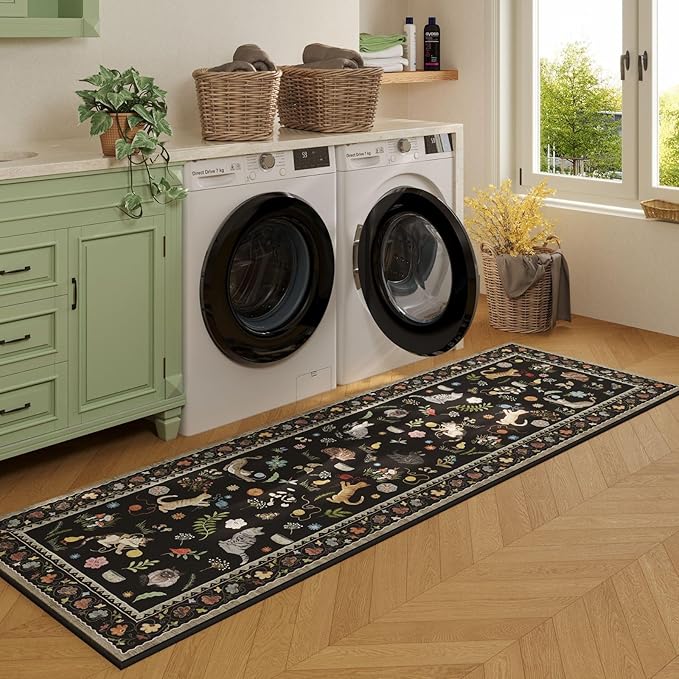 Rugcomf 2x5 Runner Rug - Floral Cat Machine Washable Kitchen Rug, Non-Slip Low Pile Boho Carpet for Hallways, Laundry, Entryway, Bedroom, Bathroom - Black