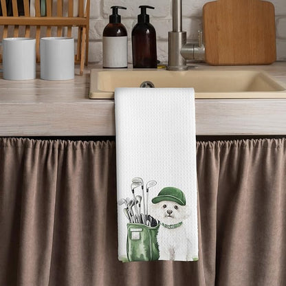 Golf Dog Kitchen Towels - Maltese Dish Towels, Sports Gifts, Pet Golf Club Decorative Absorbent Dishcloths Hand Towels for Kitchen Gym Spa Decor 16x24 Inches
