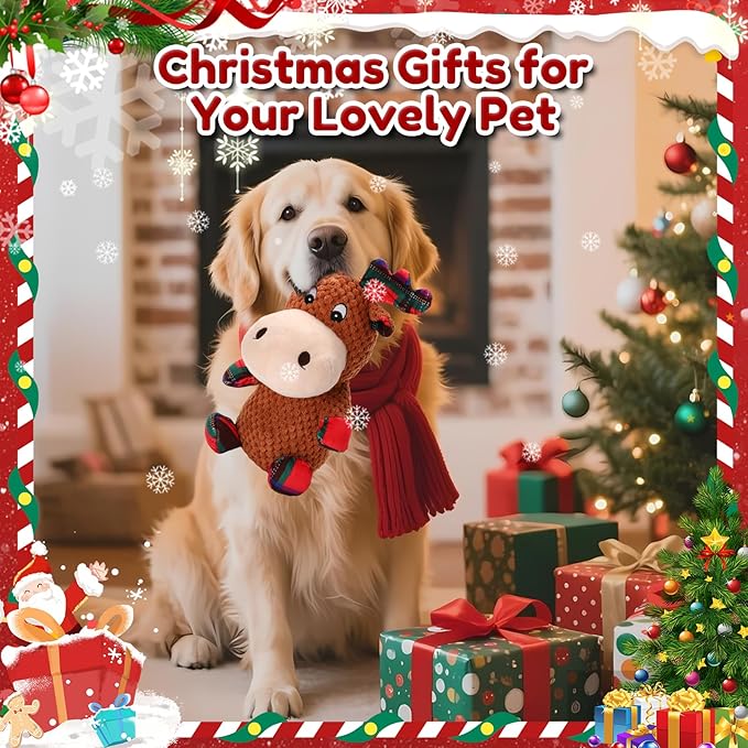 Christmas Dog Toys Plush Chew Toys for Dogs, Tough Stuffed Elk Squeaky Toy with Crinkle Paper, Adorable Xmas Reindeer Dog Toy, Dog Gifts for Small Medium Large Dogs to Keep Them Busy