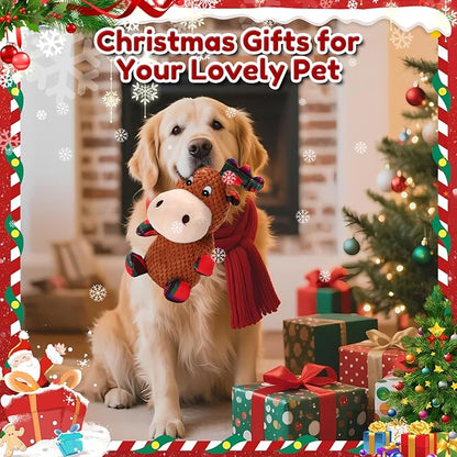 Christmas Dog Toys Plush Chew Toys for Dogs, Tough Stuffed Elk Squeaky Toy with Crinkle Paper, Adorable Xmas Reindeer Dog Toy, Dog Gifts for Small Medium Large Dogs to Keep Them Busy