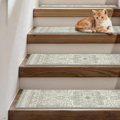 Non Slip Stair Treads for Wooden Steps 15PCS - 8"x30" Indoor Safety Carpet, Edging Mats with TPE Adhesive Backing, Pet and Elderly Friendly Stair Rugs (Sage&Green)