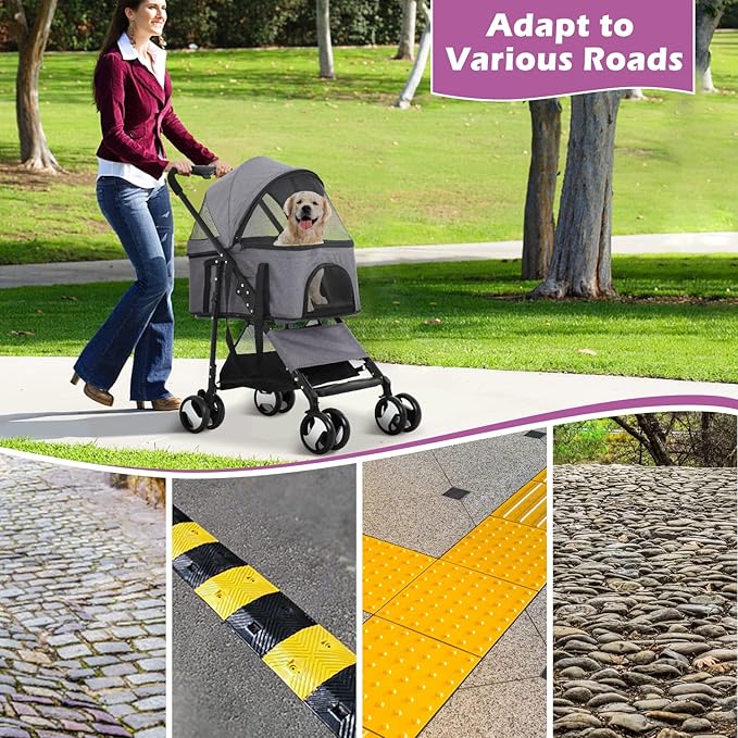 Pet Strollers, Dog Cat Stroller 3-in-1 Detachable Doggy Stroller for Small Medium Dogs 4 Wheel Dog Travel Cart Cat Walker Foldable Wagons for Dogs Trolley for Doggie Rabbit Puppy Strollers, Grey