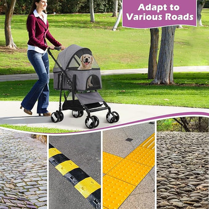 Pet Strollers, Dog Cat Stroller 3-in-1 Detachable Doggy Stroller for Small Medium Dogs 4 Wheel Dog Travel Cart Cat Walker Foldable Wagons for Dogs Trolley for Doggie Rabbit Puppy Strollers, Grey