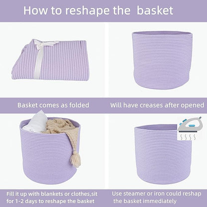Cotton Rope Basket For Girls Boys Kids 16”X14” Baby Laundry Basket Nursery Bin Round Woven Baskets Organizer For Storage Toys Blankets Shoes Clothes purple