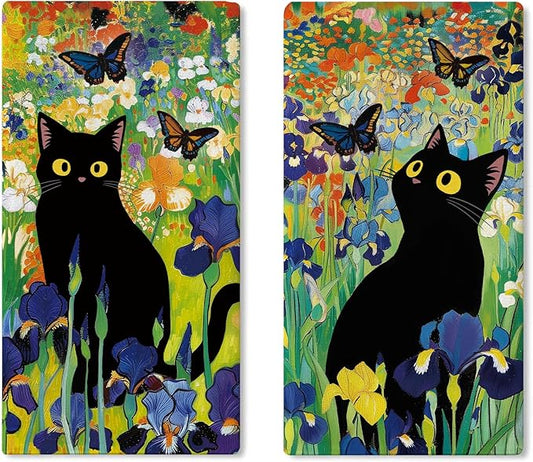 Spring Summer Black Cat Floral Kitchen Dish Towels Set of 2, Iris Flower Butterfly Drying Hand Towel Baking Cooking Cloth, Wildflower Bathroom Home Decoration Pet Cat Owner Lover Gift 18''x26''