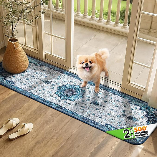 Hompet 2 Pack Super Absorbent Dog Door Mat for Muddy Paws, Washable Pee Pads for Dogs, Reusable Puppy Training Pads, Quick Dry Non-Slip Pet Entryway Rug, Leak-Proof Potty Pad for Indoor Floors 24.8x54