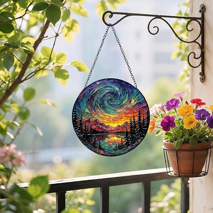Sanwarm Stained Glass Window Hanging, Galaxy Sky Mountain Suncatcher Window Decor for Indoor Home Sun Catcher Ornament, Mother’s Day & Birthday Gift for Women, Men, Mom & Nana, 7.8 in