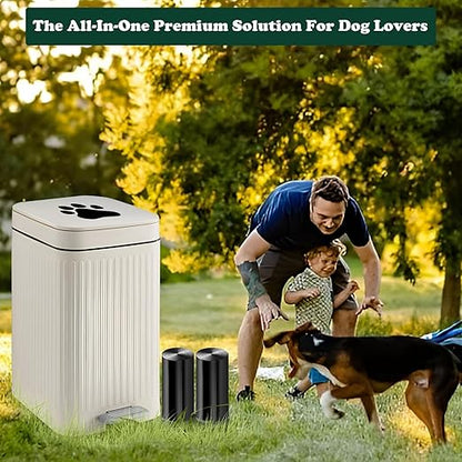 Dog Poop Trash Can Outside, 5L/1.3 Gal Pet Poop Bucket with Lid, Foot Pedal, Dog Waste Container with 40 Bags, Lid Soft Close for Pet, White