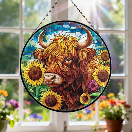Highland Cow Stained Glass Window Hanging, 7.9" Cows Sun Catcher Glass Panel with Chain,Cows Gifts Hand Painted Round Wall Art Gifts for Women, Highland Cow Decor Stained Glass Housewarming Gift