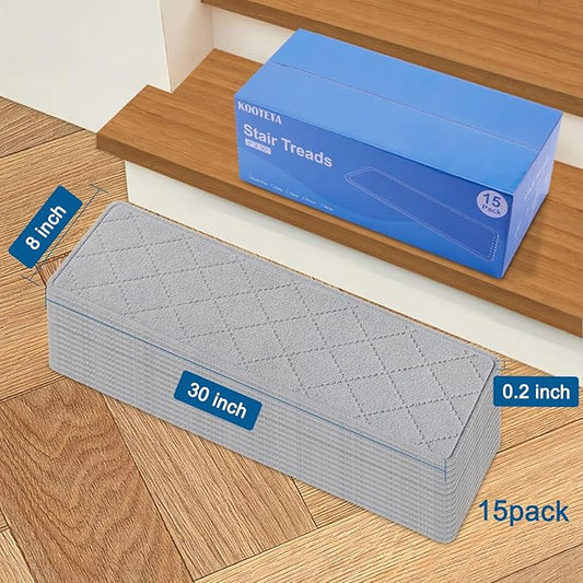 Stair Treads for Wooden Steps Indoor, 15 Pack 8" X 30" Non Slip Carpet Stair Treads with Reusable Adhesive for Kids Elders and Dogs, Surface Polyester TPR Backing Stair Rugs, Grey