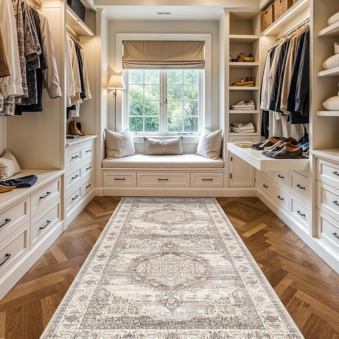 Washable 4x8 Hallway Area Rug: Vintage 8ft Water Resistant Soft Runner Rug for Entry Kitchen Non Slip Wide Low Pile Carpet for Living Room Bedroom Thin Floor Mat for Bathroom Dining Room(Beige,4x8)