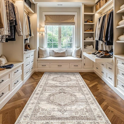Washable 4x8 Hallway Area Rug: Vintage 8ft Water Resistant Soft Runner Rug for Entry Kitchen Non Slip Wide Low Pile Carpet for Living Room Bedroom Thin Floor Mat for Bathroom Dining Room(Beige,4x8)