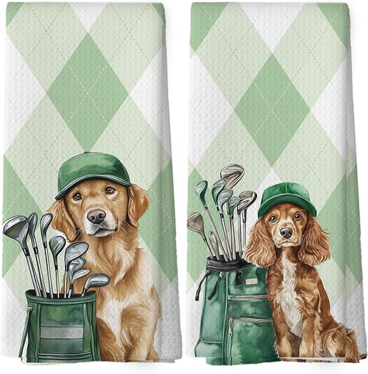 Golf Dog Kitchen Towels - Golden Retriever Cocker Spaniel Dish Towels, Sports Gifts, Pet Golf Club Decorative Absorbent Dishcloths Hand Towels Set of 2 for Spa Kitchen Gym Decor 16x24 Inches