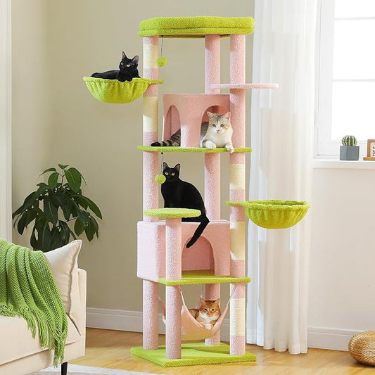 MUTTROS 71.2" Large Cat Tree for Multi-Cat Households - Heavy-Duty 9-Level Cat Tower w/5 Sisal Scratching Posts, 2 Condos, 3 Hammocks, Extra-Large Perch & Pompoms - Space-Saving, Pink