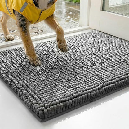 Deconovo Plush Waterproof Mats for Dogs, Absorbent Non-Slip Door Mat for Muddy Paws, 1.1" Thick Indoor Mat, Machine Washable Shaggy Pet Bed Mat, Quick Dry Indoor Entryway Rug, Gray, 32x20 Inch