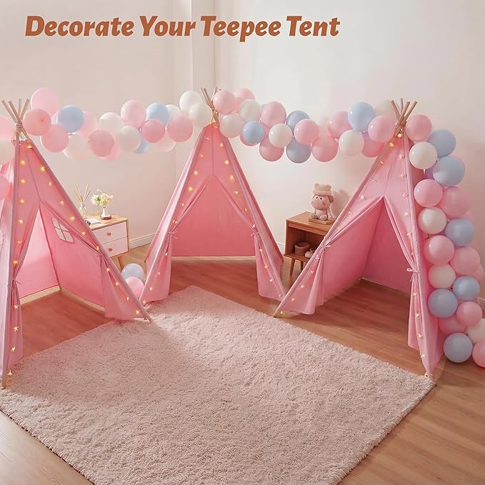 Wilwolfer 4 Pack Teepee Tent for Kids, Foldable Indoor Play Sleepover Tent with Star Lights for Girls Party, Portable Toddler Slumber Party Tents Gift, Pink