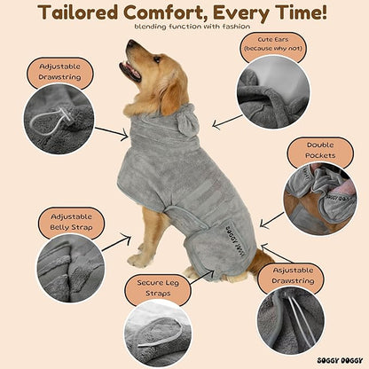 SOGGYDOGGY® US: Luxury Dog Bathrobe, Super Absorbent Microfiber Dog Bath Supplies, Fast Dry in Minutes, Thick & Soft Robe - Pet Grooming, Wash & Pet Hair Dryer - All-Season Dressing Gown (L)