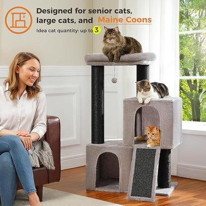 MUTTROS Heavy Duty Cat Tree for Indoor Cats Adult, 45-Inch Cat Tower with Sisal Scratching Ramp, 2 Cat Condo for Extra Large Cats, Big Top Perch, 3 Thick Black Scratching Posts (φ4.3) -Gray