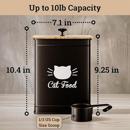 Cat Food Storage Container with Scoop - 5-7 lb (25 Cup) Capacity Metal Cat Food Container with Airtight Bamboo Lid and Metal Scoop - Airtight Pet Food Storage Containers 5 lb - 7 lb Kibble Container