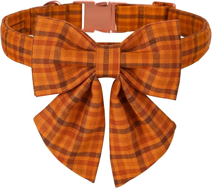 Maca Bates Fall Pumpkin Plaid Dog Collar with Sailor Bow Tie for Medium Girl,Boy,Autumn Checkered Puppy Collars with Bowtie,Halloween Gingham Print Adjustable Breakaway Soft for Male Female Dogs