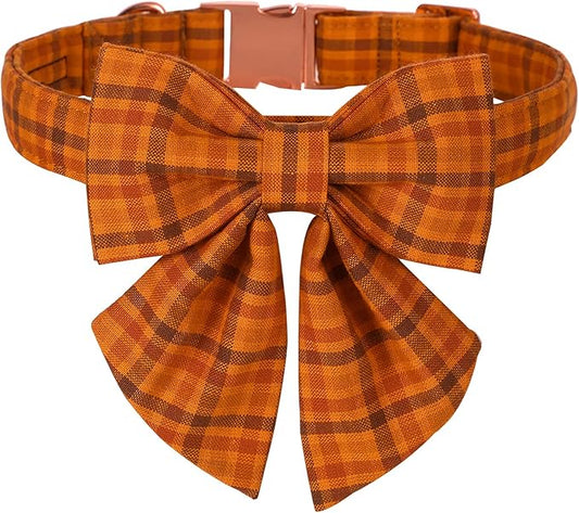 Maca Bates Fall Pumpkin Plaid Dog Collar with Sailor Bow Tie for Medium Girl,Boy,Autumn Checkered Puppy Collars with Bowtie,Halloween Gingham Print Adjustable Breakaway Soft for Male Female Dogs