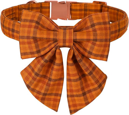 Maca Bates Fall Pumpkin Plaid Dog Collar with Sailor Bow Tie for Extra Large Girl,Boy,Autumn Checkered Puppy Collars with Bowtie,Halloween Gingham Print Adjustable Breakaway Soft for Male Female Dogs